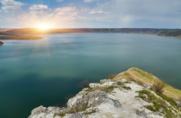 Awesome morning view from flying drone of Bakotska Bay. Fantastic summer sunrise on Dnister river, Ukraine, Europe.