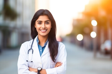 Young and successful indian female doctor standing at hospital.