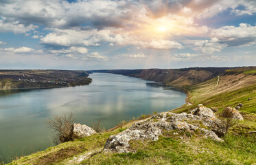 Awesome morning view from flying drone of Bakotska Bay. Fantastic summer sunrise on Dnister river, Ukraine, Europe.