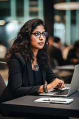 Young indian businesswoman or corporate employee using laptop. - obrazy, fototapety, plakaty