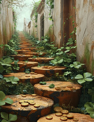 Enchanted Stairway with Shamrocks and Scattered Gold Coins