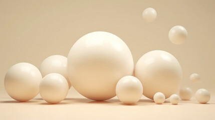 3D beige spheres of different sizes and transparency. Pastel colour palette. Abstract background. Generative AI