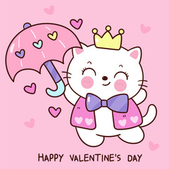 Valentine cat cute cartoon holding umbrella with heart (kitten playing). Series: love festival kawaii animals.