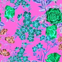 Foto op Plexiglas Watercolor seamless pattern with garden flowers. Vintage spring or summer floral pattern. Flower seamless pattern. Botanical art. Wedding floral set. Watercolor botanical design.  © Natallia Novik
