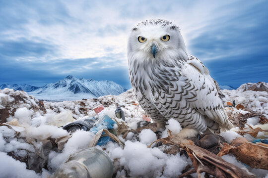 A polar owl perched near an Arctic landfill, a poignant image highlighting the environmental threat of waste pollution in the pristine North.