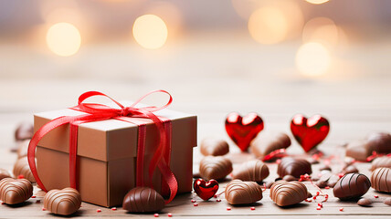 chocolates in a box on a wooden white background for text
