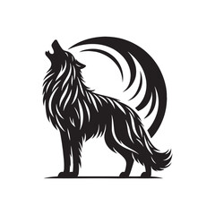 Mystic Wolf Song: Silhouette of a Howling Canine under the Celestial Embrace - Night's Melodic Whisper - Black vector wolf howling Silhouette
