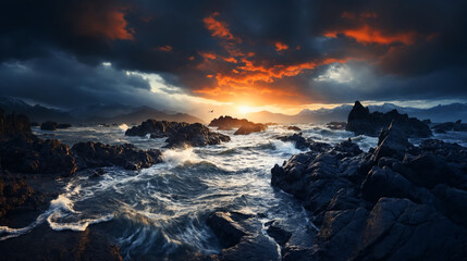 Storm on the rocky seashore at sunset
