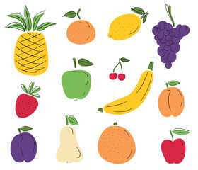 Collection of tasty sweet fruits: pineapple, apple, strawberry, pear and cherry, lemon, peach, apricot, banana isolated on white background. Flat cartoon sketch doodle illustrations. Garden, harvest.