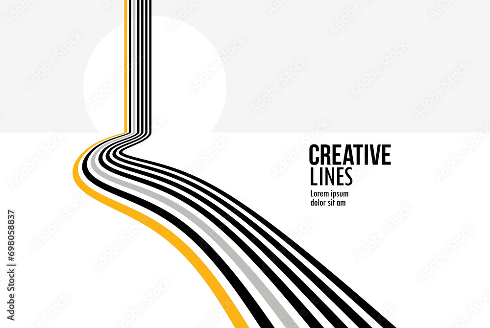 Poster 3d black and white lines in perspective with yellow elements abstract vector background, linear pers