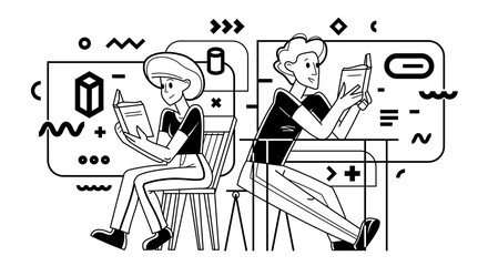 Young people reading books searching for information, learn science, self-education, fiction literature, inquire and analysis, vector outline illustration.