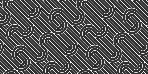 Lined seamless vector pattern with twisted lines, geometric abstract background, stripy net, optical maze, web network. Black and white design.