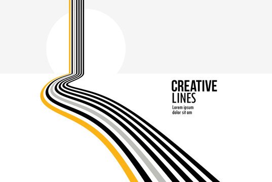 3D black and white lines in perspective with yellow elements abstract vector background, linear perspective illustration op art, road to horizon.
