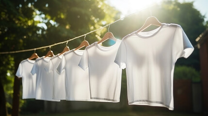 White blank t-shirts hanging on a clothesline. Laundry or dry clean concept. Generative AI