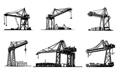 Crane vector icon and lifting equipment, Harbor cargo cranes set. Shipping port equipment. - obrazy, fototapety, plakaty