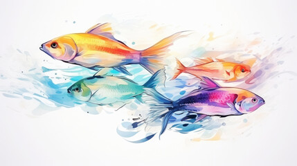 Exotic fish light background. Transparent watercolour. Pastel colour palette. Generative AI