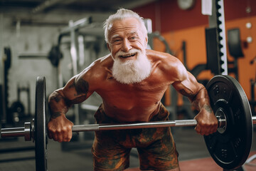 Old athle, Fitness man at workout. Elderly pensioner old man smiling in gym. 60-70 Year Old Bodybuilder. Old bodybuilder grandfather in gym. Pensioner with smile lifts weight in sports club. - obrazy, fototapety, plakaty