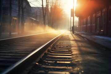 railway station at dawn, fog over the tracks