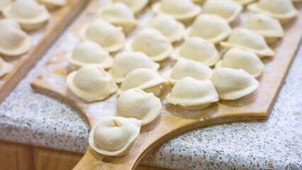 Fototapeta na wymiar Homemade handmade dumplings close-up. Selective Focus, Tinted Image, Healthy Food Concept.