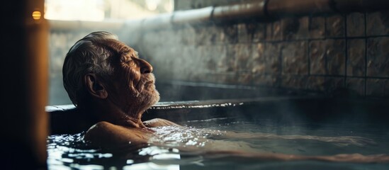 Elderly man relaxes in bath house. - obrazy, fototapety, plakaty
