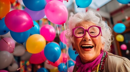 photo of happy senior  old woman with gray and white  hair in elegant clothes and eyeglasses smiling and looking at the camera, vibrant colors - obrazy, fototapety, plakaty
