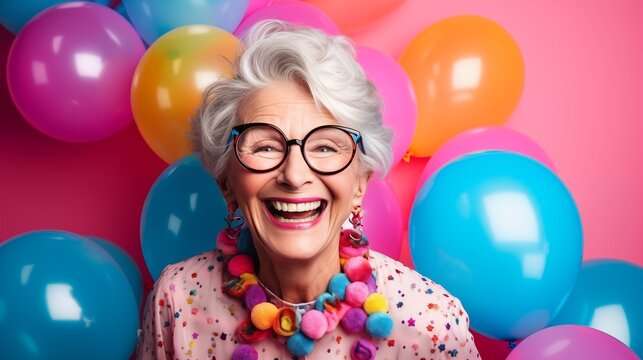 photo of happy senior  old woman with gray and white  hair in elegant clothes and eyeglasses smiling and looking at the camera, vibrant colors