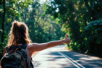 Fototapeta premium A young adventurer with a backpack extends her thumb, hitchhiking on a lonely road, surrounded by the lush greenery of a forest. 