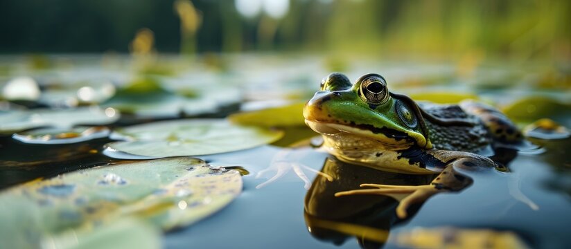 An American Bullfrog rests in a Wisconsin Lake on a summer day.
