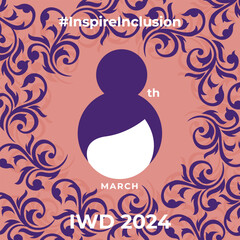 8th March hugging herself. Inspire Inclusion is the campaign theme of International Women's Day 2024. Vector illustration