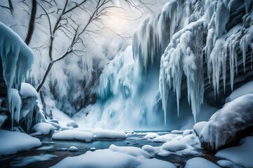 icicles on the edge of the river - obrazy, fototapety, plakaty