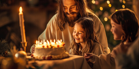 Jesus celebrating his birthday with happy children - True meaning of Christmas concept - Birthday...