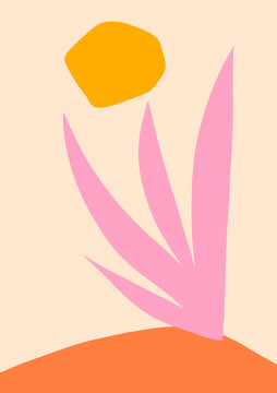 Tropical plant art abstract design. Simple graphic shapes with pastel pink decoration
