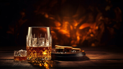 Whiskey glass cigar and old oak barrel luxurious