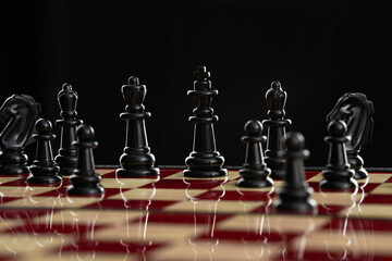 Close-up of the black king and queen pieces in an open position on a chessboard.