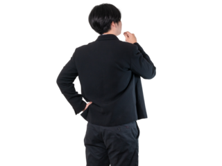 rear view, businessman wearing a work suit thinking or decision, Problem method, choice and doubt , man scratching his head isolated on transparent background with clipping path.