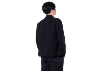 rear view, businessman wearing a work suit thinking or decision, Problem method, choice and doubt , man scratching his head isolated on transparent background with clipping path.