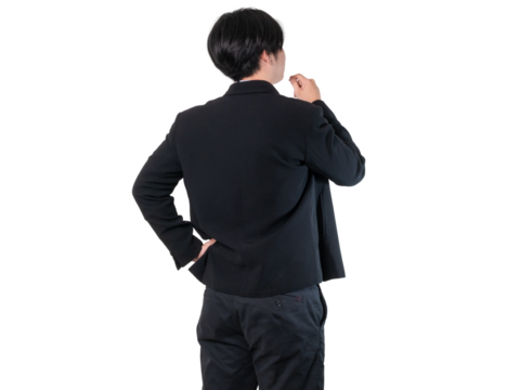 rear view, businessman wearing a work suit thinking or decision, Problem method, choice and doubt , man scratching his head isolated on transparent background with clipping path.