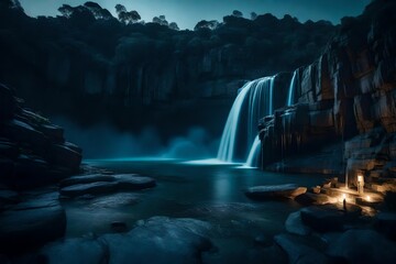 waterfall in the mountains at dawn
