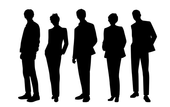 Vector silhouettes of  men and a women, a group of standing   business people, profile, black  color isolated on white background