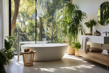 A luxurious bathroom featuring a freestanding bathtub, large windows with natural light, and hanging green plants