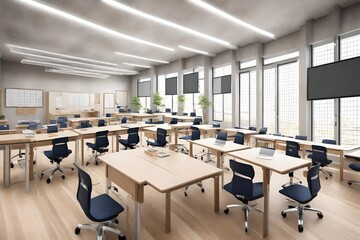 interior school room design with best ceiling and  luxurious table and chair with ceiling lights and tube lights in the school room with luxurious desk and chair with big lcd in the room 