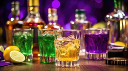 Mardi Gras Treats food and drinks in purple, green, yellow colors background. Masquerade festival...
