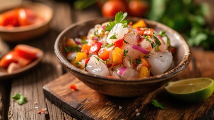 Ceviche, on a table. Vibrant and colorful, suitable for food and culinary themes.