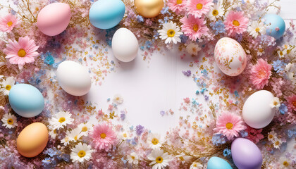 Fototapeta na wymiar Beautiful easter eggs and flowers arrangement with copy space