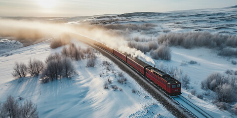A Crimson Trail. Aerial View of Red Train Against White Winter Canvas - Red train in a winter...