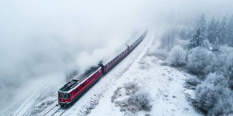 Winter Romance. Red Train Crossing Snowy Fields in Aerial Perspective - Red train in a winter landscape - Areal top view - contrasting red of the train and white of the winter landscape