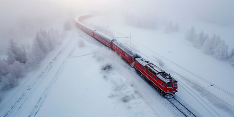 Contrast in Motion. Aerial Shot of Red Train in Tranquil Winter Landscape - Red train in a winter landscape - Areal top view - contrasting red of the train and white of the winter landscape