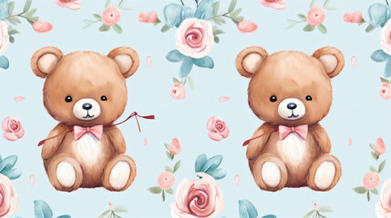 Seamless pattern with teddy bear and rose