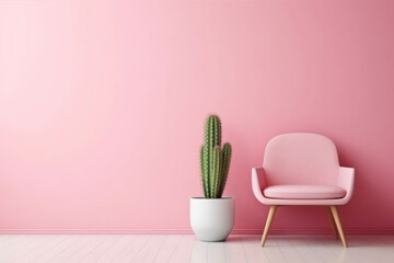 Designer chair and cactus in a minimalist room interior - obrazy, fototapety, plakaty