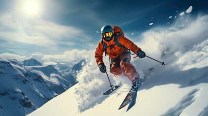 Ski rider jumping on mountains winter adventure. - obrazy, fototapety, plakaty